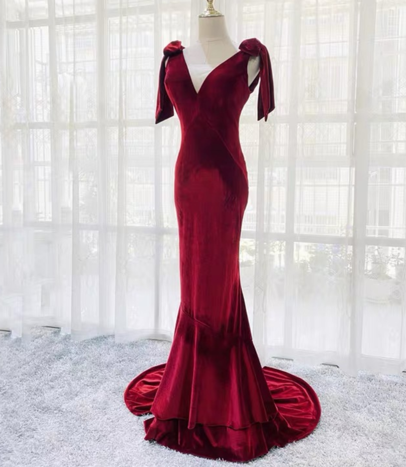 Prom Dresses, V-neck, Burgundy Evening Dress, High Quality Velvet, Mermaid Party Dress