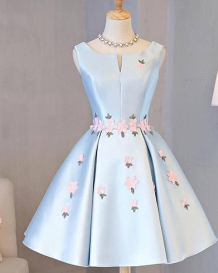 Homecoming Dresses, Light Blue Sleeveless Satin Short Prom Dress With Appliques