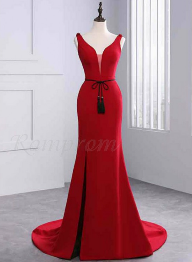 Prom Dresses, V-neck Slit Leg Red Prom Dress With Sashes Beading,v-neck Formal Evening Dresses