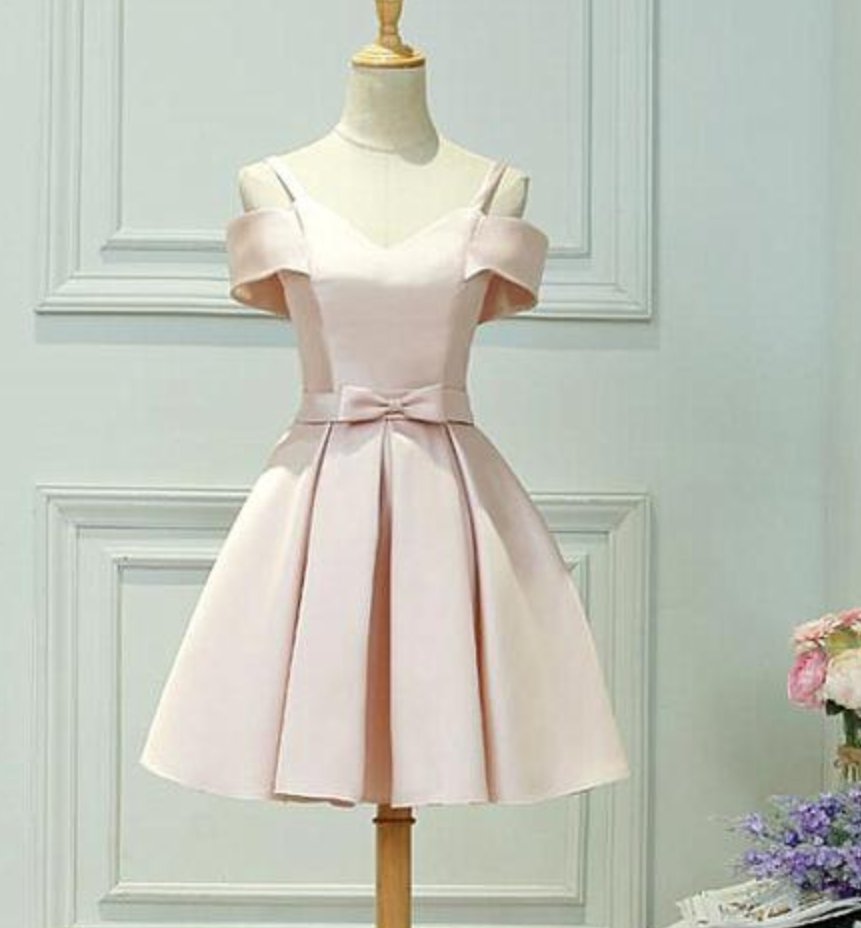 Homecoming Dresses,light Pink Satin Knee Length Off Shoulder Party Dress