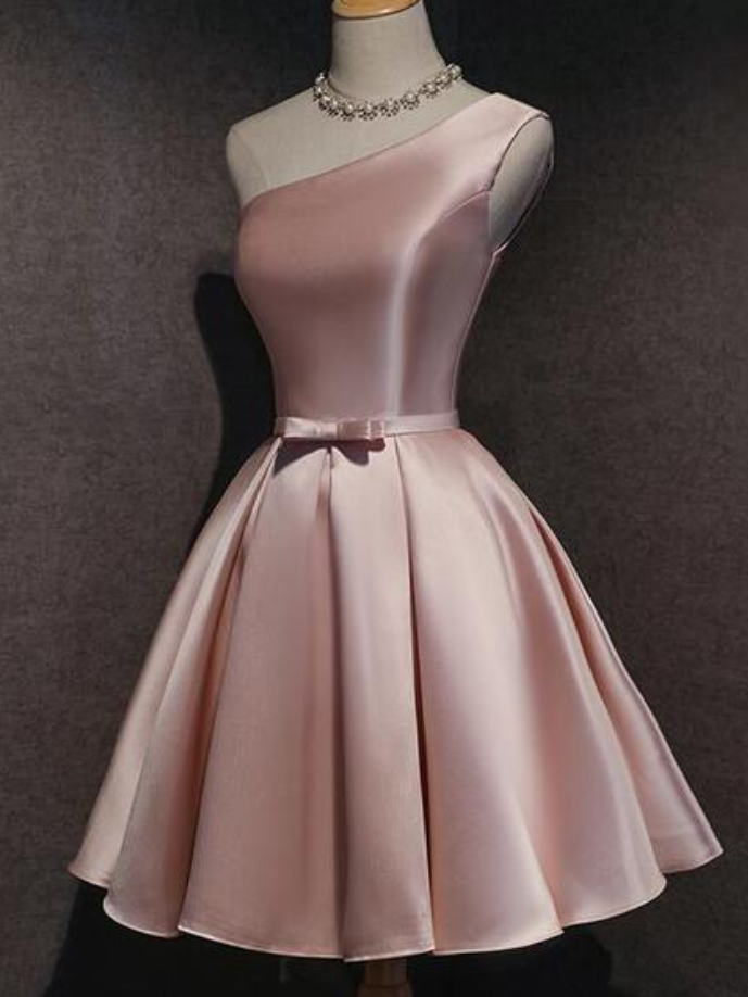 pink one shoulder hoco dress Pink Satin A-line One Shoulder Homecoming Dresses, Short Party Dresses, MH542