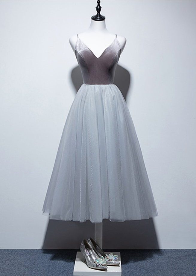 Homecoming Dresses,elegant Gray Velvet Top Tea Length Tulle Prom Dress
