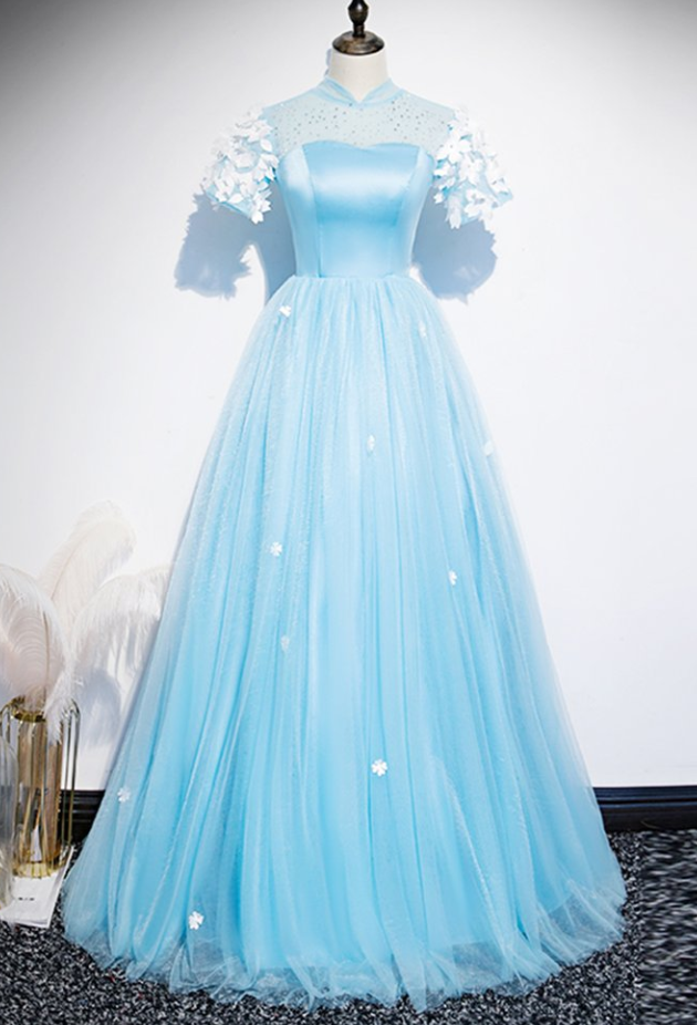 Prom Dresses,fresh Blue Tulle Satin Short Sleeve Long Senior Prom Dress