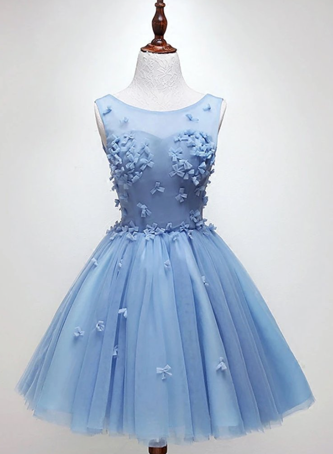 Homecoming Dresses,blue Tulle Round Neck Short A Line Prom Dress