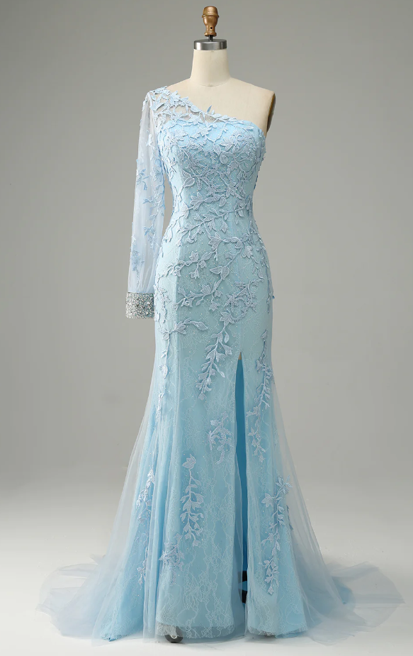 Prom Dresses,long Sky Blue One Shoulder Mermaid Prom Dress With Appliques