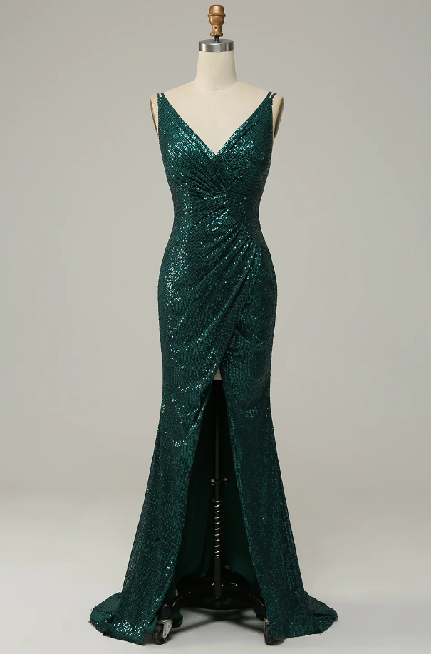 Prom Dresses,dark Green Sequined Spaghetti Straps Prom Dress