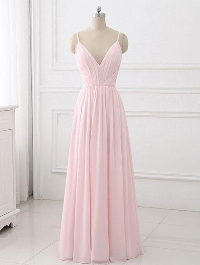 Prom Dresses,simple Pink A-line Spaghetti Straps Long Prom Dress