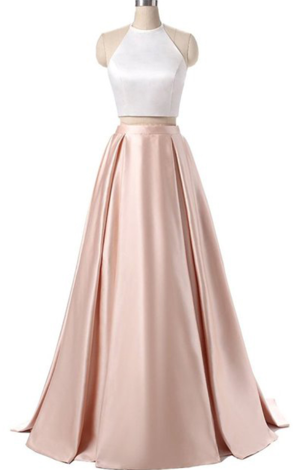Prom Dresses, A Line Two Pieces Party Dress,halter Backless Satin Prom Dresses