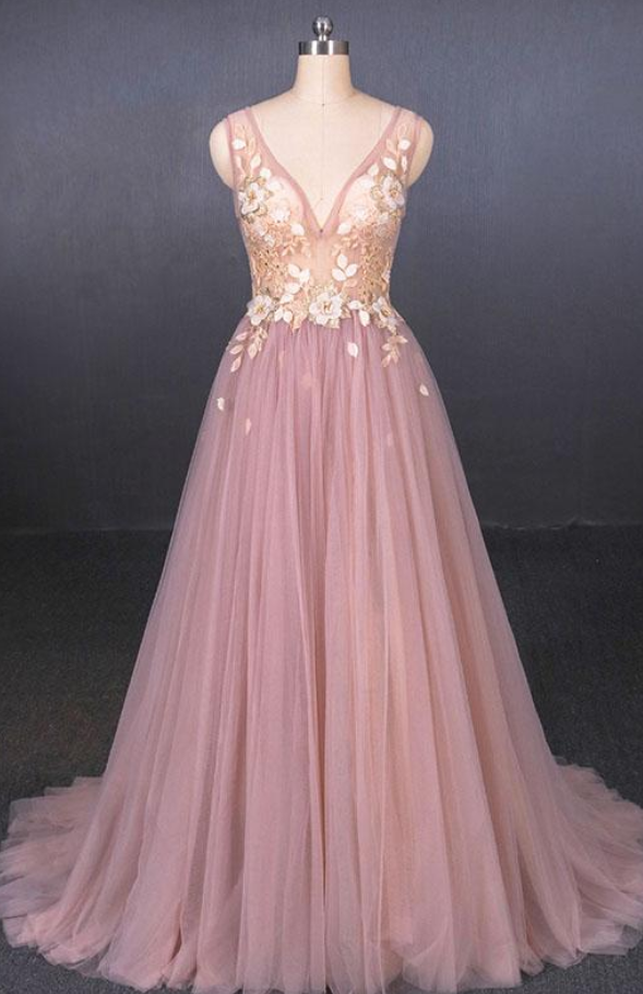Prom Dresses, V Neck Sleeveless Tulle Prom Dress With Appliques