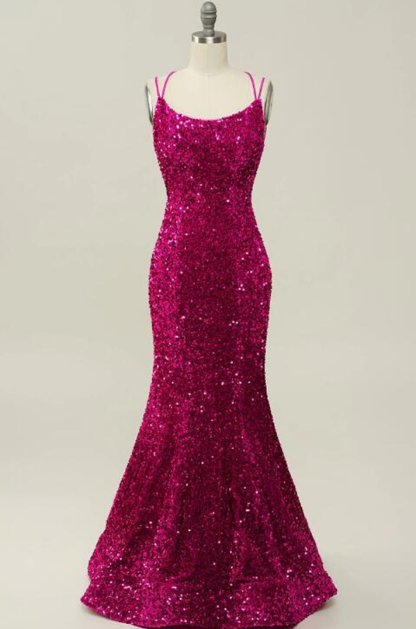 Prom Dresses, Pink Sequin Spaghetti Straps Mermaid Prom Dress