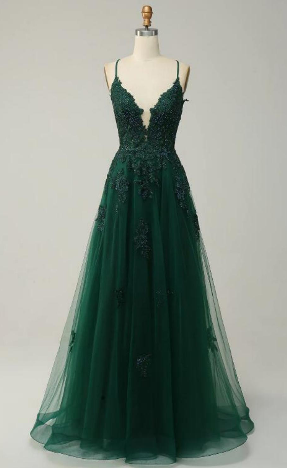 Prom Dresses,a Line Spaghetti Straps Dark Green Long Prom Dress