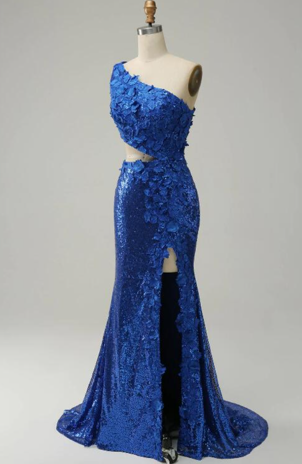 Prom Dresses,mermaid One Shoulder Royal Blue Sequins Cut Out Prom Dress