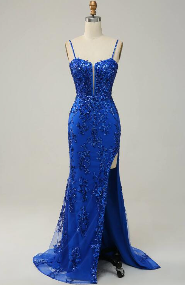 Prom Dresses,mermaid Spaghetti Straps Royal Blue Sequins Long Prom Dress