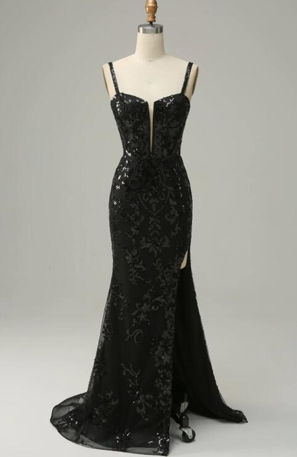 Prom Dresses,mermaid Spaghetti Straps Black Sequins Long Prom Dress