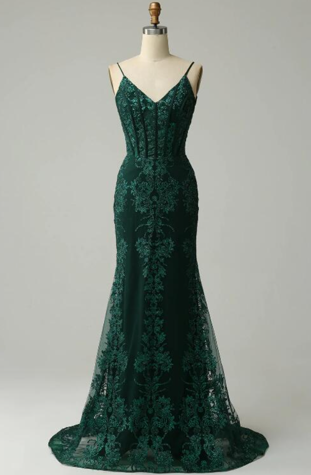Prom Dresses,mermaid Spaghetti Straps Peacock Green Prom Dress With Appliques