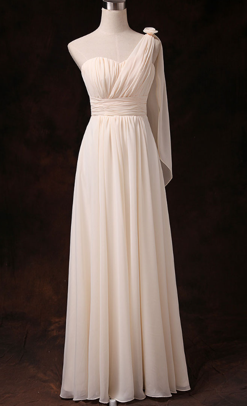 Prom Dresses,one Shoulder Good Quality Champagne Color Chiffon Party