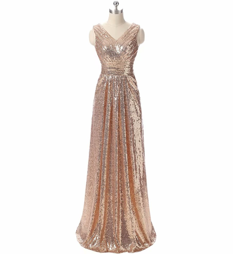Prom Dresses,gold Evening Dresses Sequined V Neck Wedding Party Gowns Long Formal Dresses