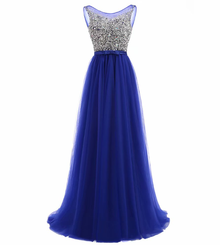 Prom Dresses,royal Blue Prom Dresses Tulle Wedding Party Gowns With Sheer Neck Long A Line Formal Evening Dress