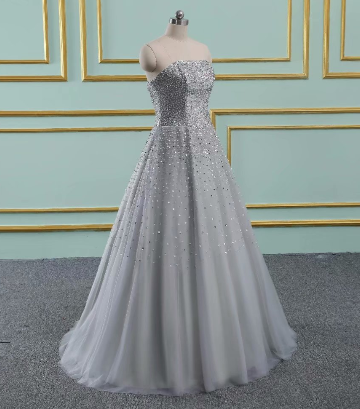 Prom Dresses,sexy Grey Beading Prom Dresses Tulle Luxury Princess Ball Gown Vintage Evening Dress