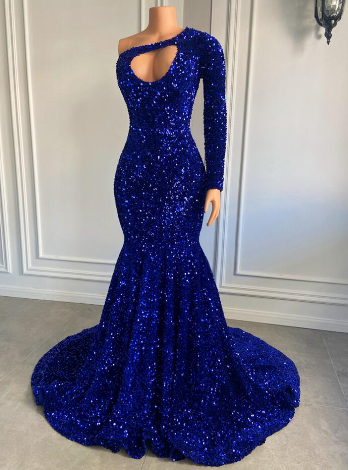 Prom Dresses,sparkly One Shoulder Royal Blue Sequin Mermaid Style Prom Dress