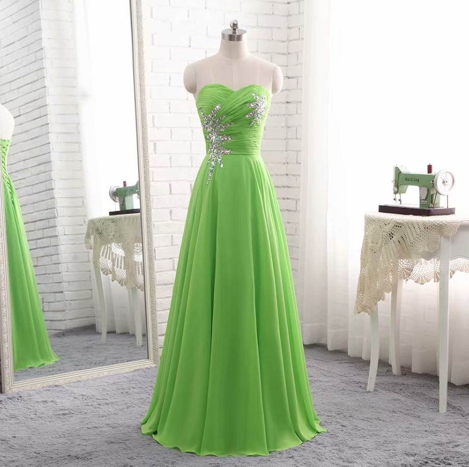 Prom Dresses,long Elegant Chiffon Green Empire Floor Length Beaded Bridesmaid Dress With Sequins