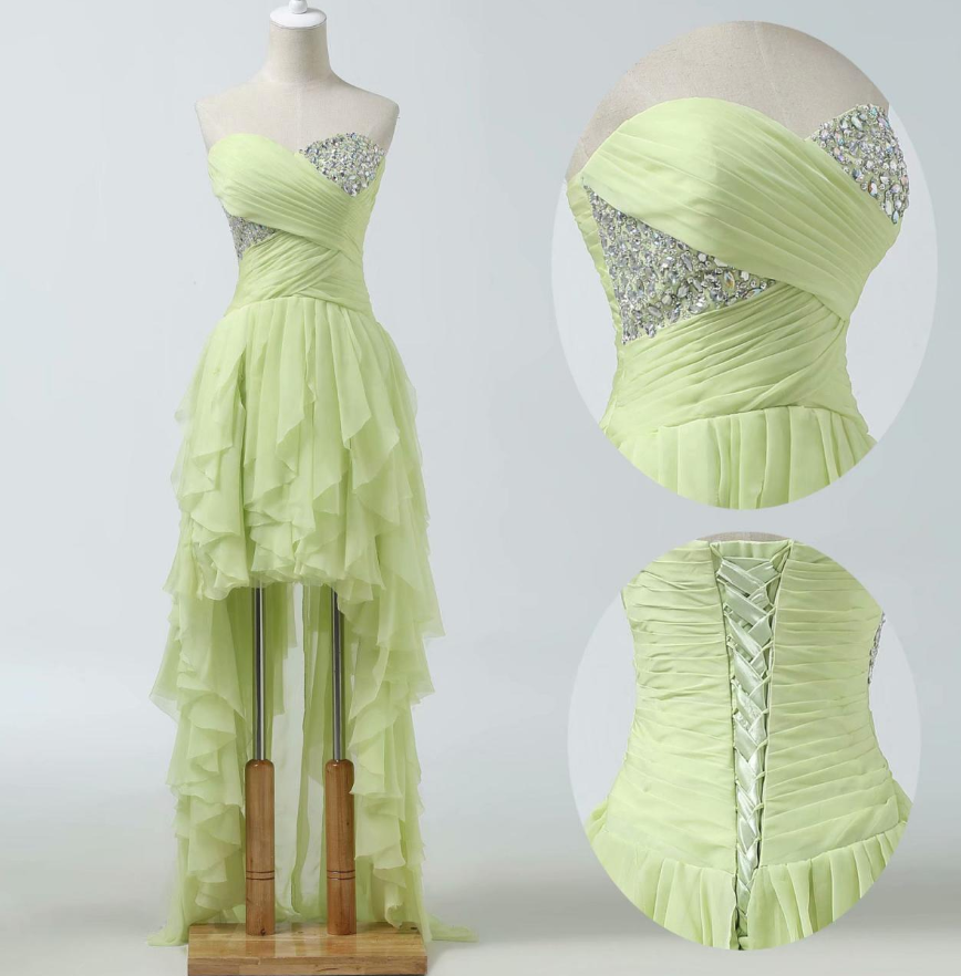 Homecoming Dresses,long Mint Green High Low Formal Dresses Featuring Rhinestone Beaded Bodice With Sweetheart Neckline