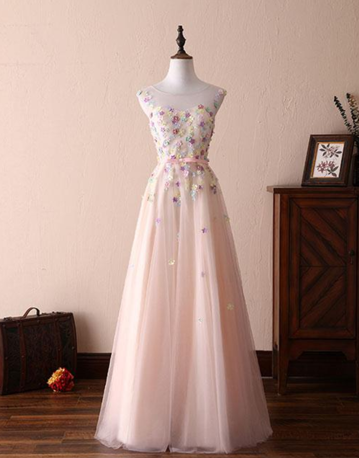 Prom Dresses,cute Round Neck Flowers Long Prom Dress