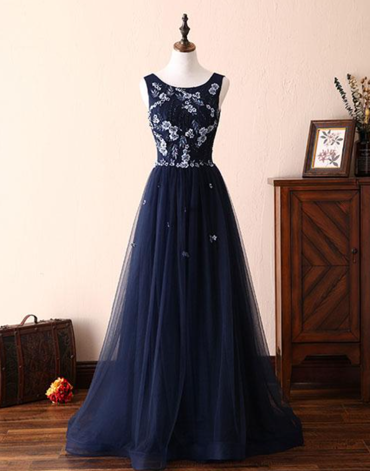 Prom Dresses,dark Blue Lace Tulle Long Prom Dress, Formal Dress
