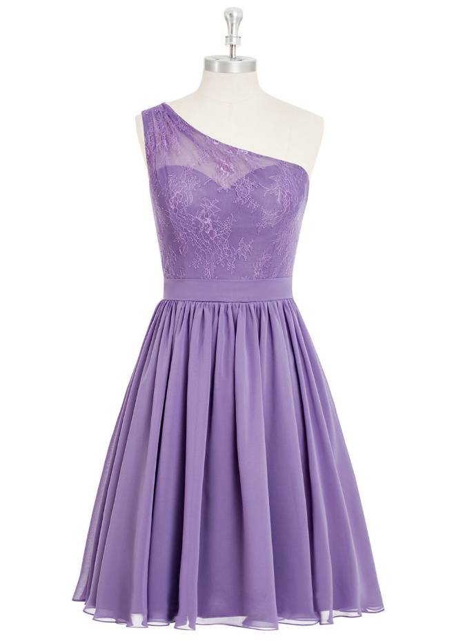Homecoming Dresses, Custom Made Lavender One-shoulder Neck Lace Knee Length Chiffon Bridesmaid Dress