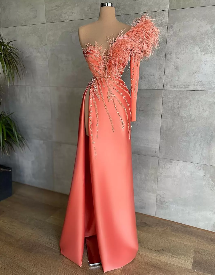 Prom Dresses,feather Decor One Shoulder Red Carpet Sexy Evening Gown With High Split Formal Wear Prom Dress