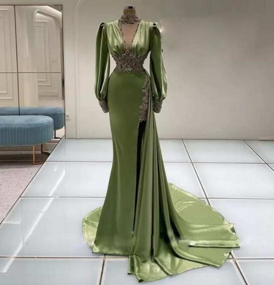 Prom Dresses,high Neck Green Evening Dresses Crystal Split Side Train Celebrity Mermaid Long Prom Dress