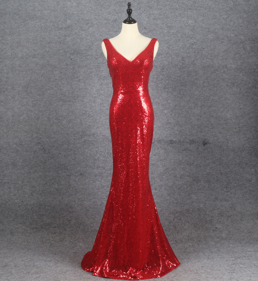 Prom Dresses,red Sequins Mermaid Low Back Long Evening Dress Party Dress