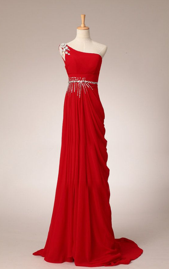 Prom Dresses,pretty Elegant Red One-shoulder Prom Dress With Beadings, Simple Red Prom Dresses