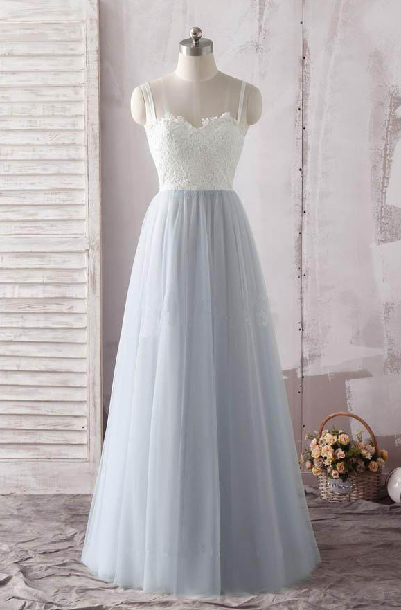 Prom Dresses,floor Length Simple Straps Sweetheart Tulle Prom Dress With Ivory Lace