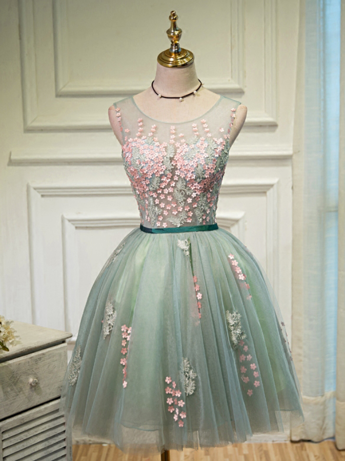 Homecoming Dresses,with Flowers,sleeveless Open-back Short Homecoming Dress With Appliques,tulle Party Dress