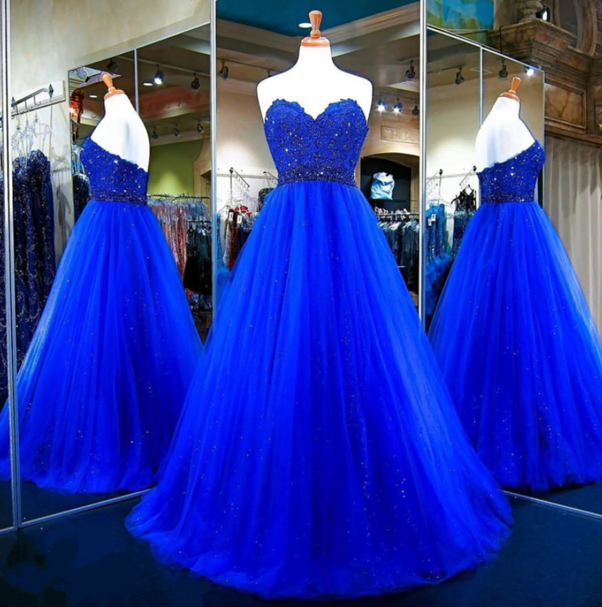 Prom Dresses,long Prom Dress,tulle Ball Gowns,royal Blue Evening Dress,sweetheart Prom Gowns, Royal Blue Beaded Long Prom Dresses