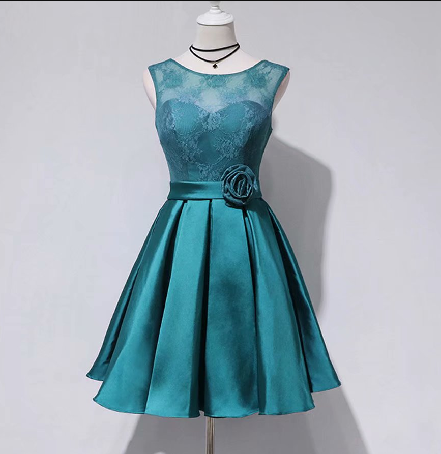 Homecoming Dresses,a-line Lace Short Length Empire Teal Green Satin Bridesmaid Dress With Flower