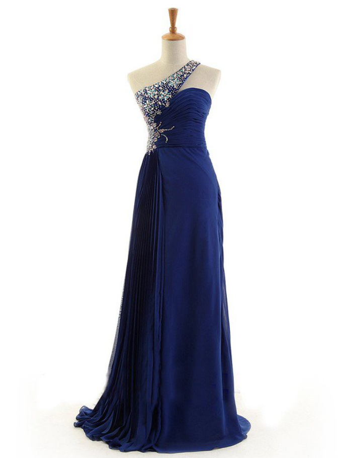 Prom Dresses,royal Blue One-shoulder A-line Chiffon Long Prom Dress With Beaded Embellishment