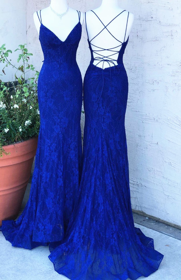 Prom Dresses,royal Blue Lace Mermaid Prom Dress Backless Formal Evening Gown