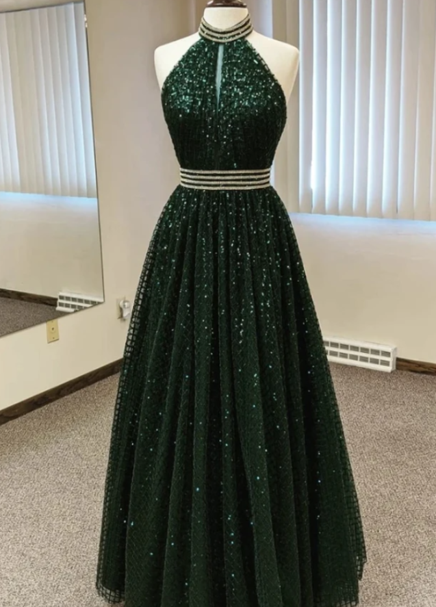 Prom Dresses,glitter Dark Green Halter Prom Dress Elegant Formal Evening Gown Backless