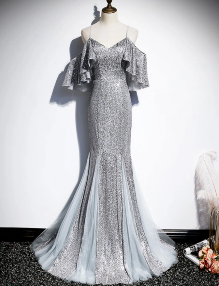 Prom Dresses,silver Glitter Sequins Mermaid Prom Dress Elegant Formal Evening Gown