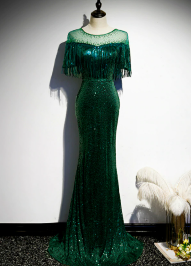 Prom Dresses,sequins Dark Green Prom Dress Mermaid Long With Tassel Formal Evening Gown