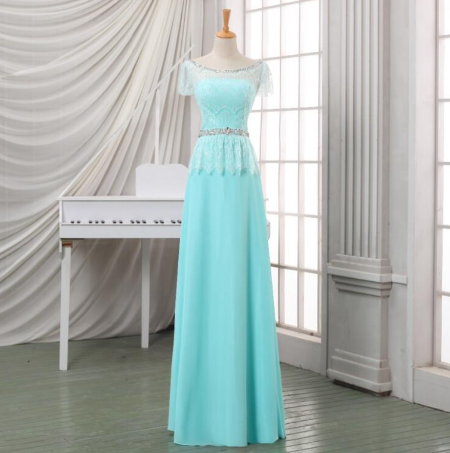 Prom Dresses,cap Sleeve Bridesmaid Dress Lace Beaded Sky Blue Evening Dress Women Chiffon Evening Gowns