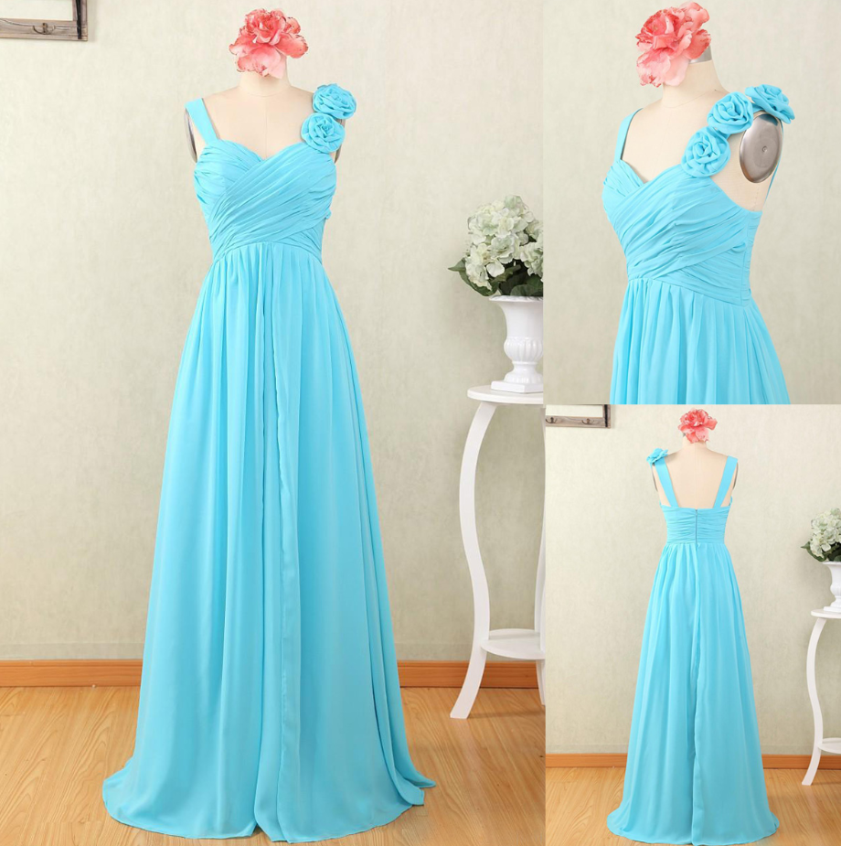 Prom Dresses,sky Blue Spaghetti Straps Prom Dresses Featuring Floral Shoulder And Ruched Bodice Chiffon Long Formal Evening Gowns,bridesmaid
