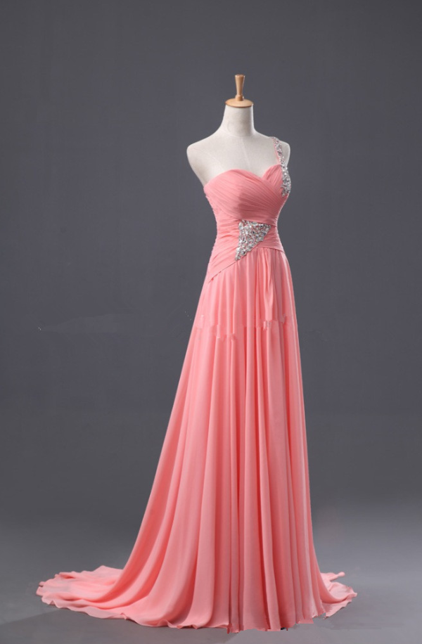 Prom Dresses,pretty Pink Chiffon One-shoulder Simple Prom Dress