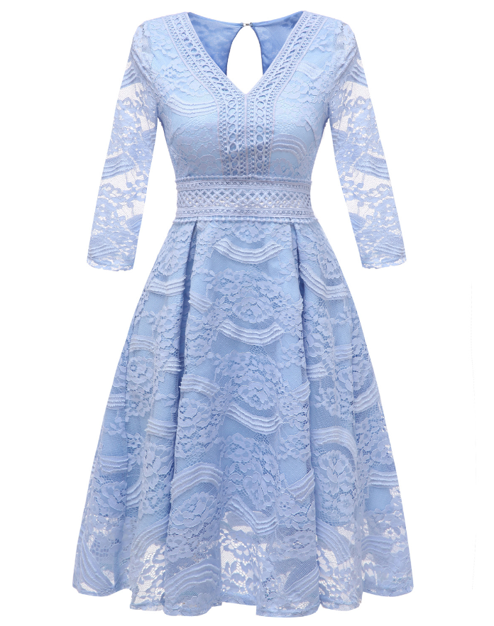 Homecoming Dresses,women Floral Lace Dress V Neck 3/4 Sleeve Slim A-line Casual Wedding Evening Party Dress Water Blue