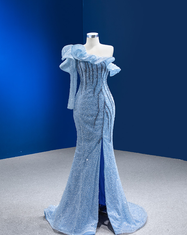 Prom Dresses,light Blue French One Shoulder Slim Fishtail Evening Dress, Formal Party Dress