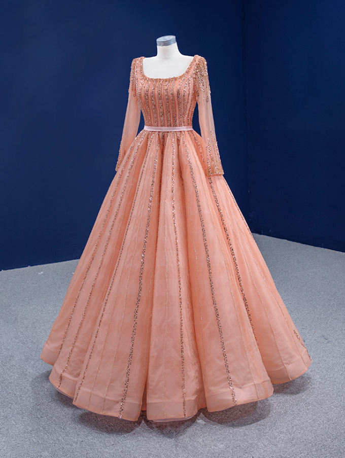 Prom Dresses,princess Orange Long Sleeve Evening Dress, Tulle Sequin Party Dress
