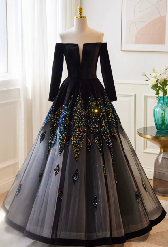 Prom Dresses,one-shoulder Black Evening Dresses, Party Dresses, High-end Light Luxury Long-sleeved Celebrity Party Dresses