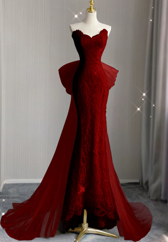 Prom Dresses, Fishtail Burgundy Lace Long Dresse, Sleeveless Vintage Prom Dress, Formal Evening Dress